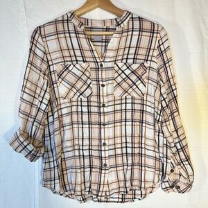 Chico's Beige and Black Plaid Button-Down Shirt with 2 sleeve lengths size 1 Med